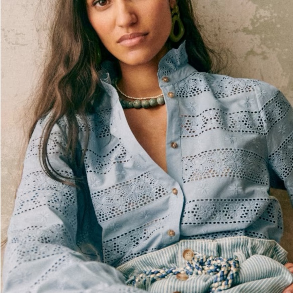 Sezane Light Blue Eyelet Button Down Shirt